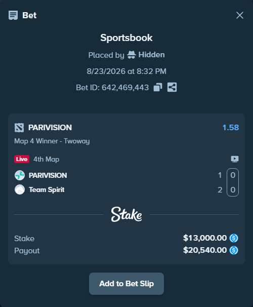 Bet slip: PARIVISION - Team Spirit, $13,000.00 stake at 1.58 odds, placed by Hidden