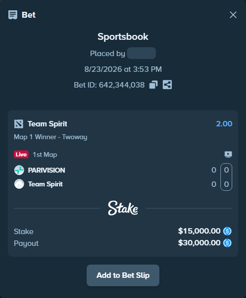 Bet slip: PARIVISION - Team Spirit, $15,000.00 stake at 2.00 odds, placed by jdiralin7