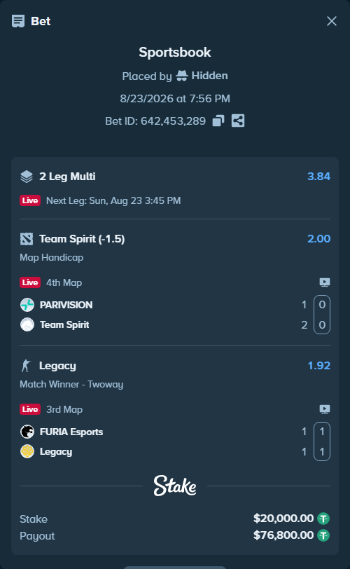Bet slip: PARIVISION - Team Spirit, $20,000.00 stake at 2.00 odds, placed by Hidden