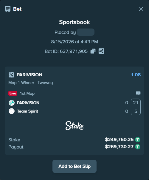 Bet slip: PARIVISION - Team Spirit, $250,000.00 stake at 1.08 odds, placed by GoldenKot