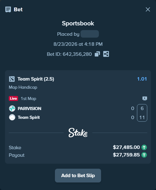 Bet slip: PARIVISION - Team Spirit, $27,485.00 stake at 1.01 odds, placed by VividMarsh