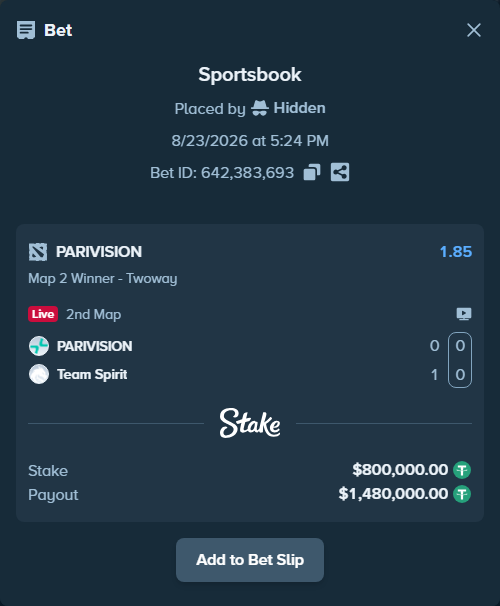 Bet slip: PARIVISION - Team Spirit, $799,920.01 stake at 1.85 odds, placed by Hidden