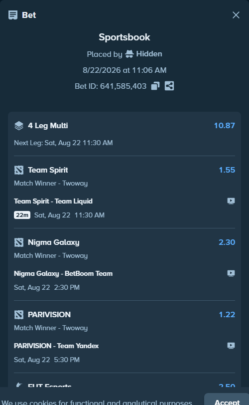 Bet slip: PARIVISION - Team Yandex, $10,000.00 stake at 1.22 odds, placed by StRoGo