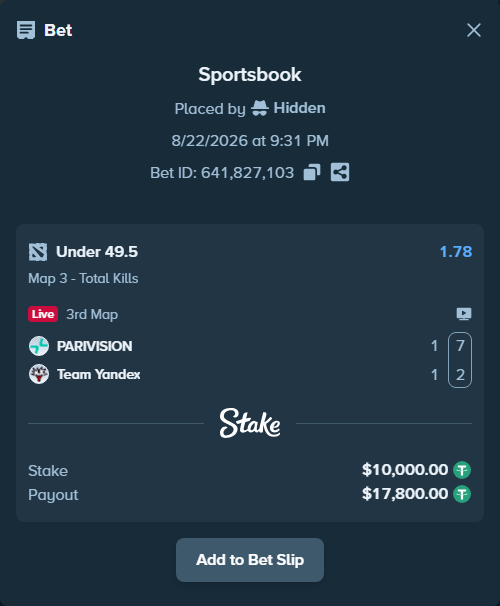 Bet slip: PARIVISION - Team Yandex, $10,000.00 stake at 1.78 odds, placed by Hidden