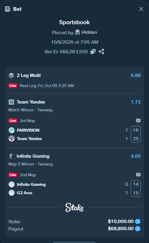 Bet slip: PARIVISION - Team Yandex, $10,000.00 stake at 1.72 odds, placed by Hidden