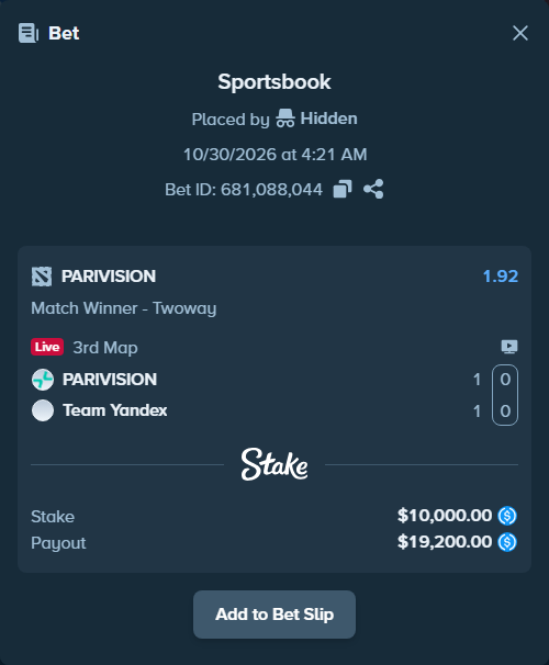 Bet slip: PARIVISION - Team Yandex, $10,000.00 stake at 1.92 odds, placed by Hidden