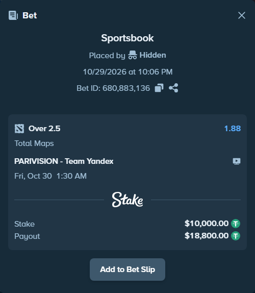 Bet slip: PARIVISION - Team Yandex, $10,010.00 stake at 1.88 odds, placed by MAKCUMOB