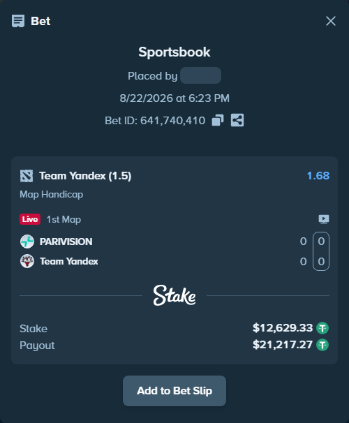 Bet slip: PARIVISION - Team Yandex, $12,629.33 stake at 1.68 odds, placed by Erneststake