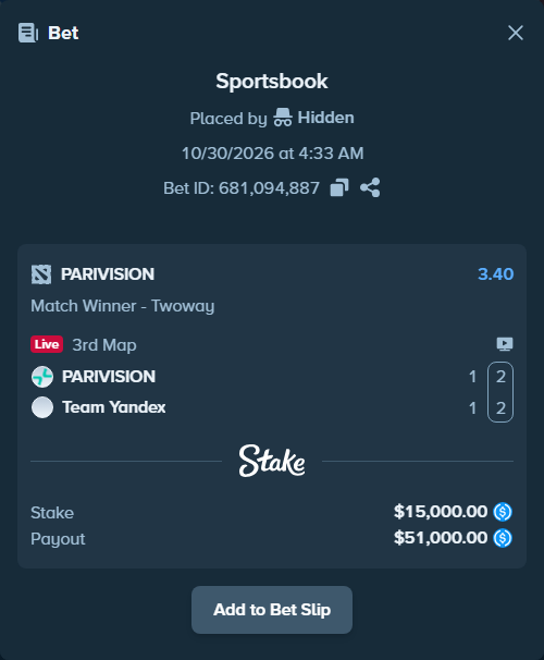 Bet slip: PARIVISION - Team Yandex, $15,000.00 stake at 3.40 odds, placed by Hidden