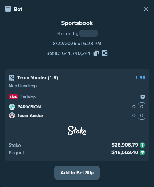 Bet slip: PARIVISION - Team Yandex, $28,906.79 stake at 1.68 odds, placed by Erneststake