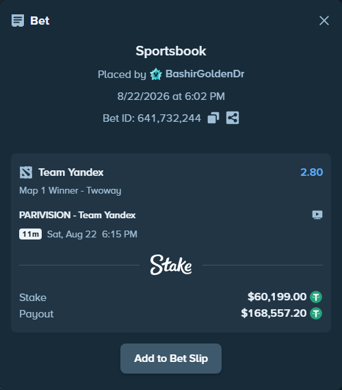 Bet slip: PARIVISION - Team Yandex, $60,199.00 stake at 2.80 odds, placed by BashirGoldenDr