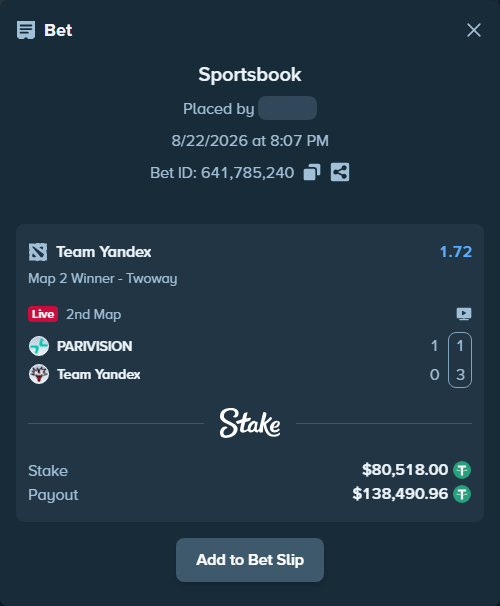Bet slip: PARIVISION - Team Yandex, $80,518.00 stake at 1.72 odds, placed by BashirGoldenDr