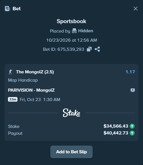 Bet slip: PARIVISION - The MongolZ, $34,601.00 stake at 1.17 odds, placed by Hidden
