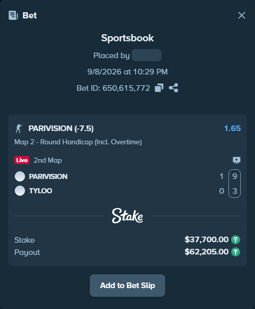 Bet slip: PARIVISION - TYLOO, $37,700.00 stake at 1.65 odds, placed by DooDLeZ1love