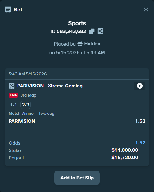 Bet slip: PARIVISION - Xtreme Gaming, $11,000.00 stake at 1.52 odds, placed by Shadowazun