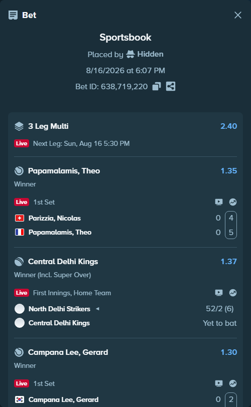 Bet slip: Parizzia, Nicolas - Papamalamis, Theo, $15,000.00 stake at 1.35 odds, placed by Hidden