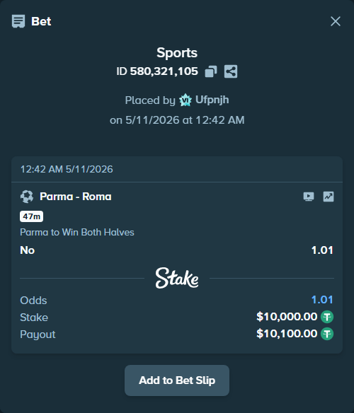 Bet slip: Parma - Roma, $10,000.00 stake at 1.01 odds, placed by Ufpnjh