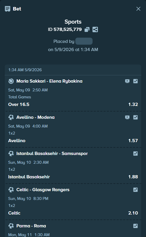 Bet slip: Parma - Roma, $10,070.00 stake at 1.57 odds, placed by Halo1997