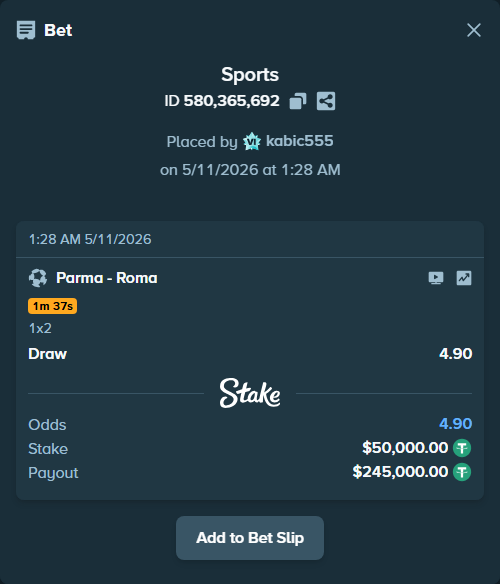 Bet slip: Parma - Roma, $50,000.00 stake at 4.90 odds, placed by kabic555