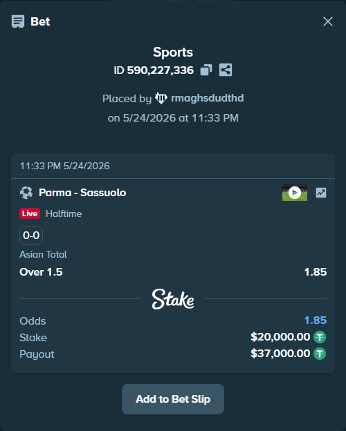 Bet slip: Parma - Sassuolo, $20,000.00 stake at 1.85 odds, placed by rmaghsdudthd