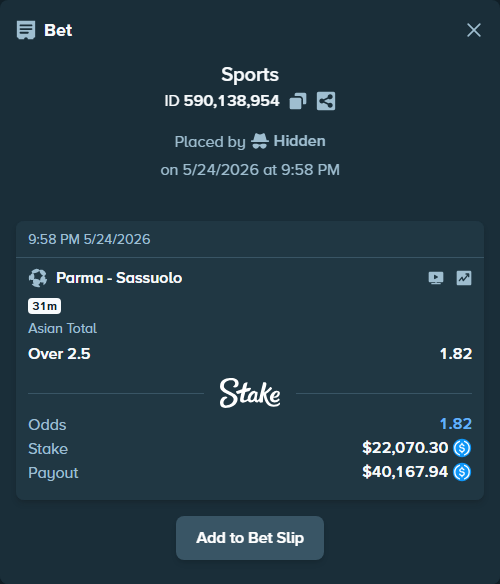 Bet slip: Parma - Sassuolo, $22,070.30 stake at 1.82 odds, placed by Hidden