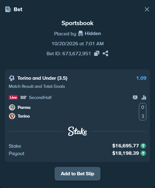 Bet slip: Parma - Torino, $16,712.46 stake at 1.09 odds, placed by Rodrigom04