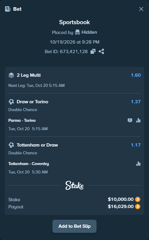 Bet slip: Parma - Torino, $10,044.28 stake at 1.37 odds, placed by Jordann90
