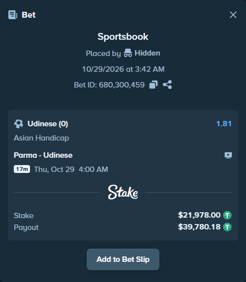 Bet slip: Parma - Udinese, $21,999.98 stake at 1.81 odds, placed by Othmane2kiks