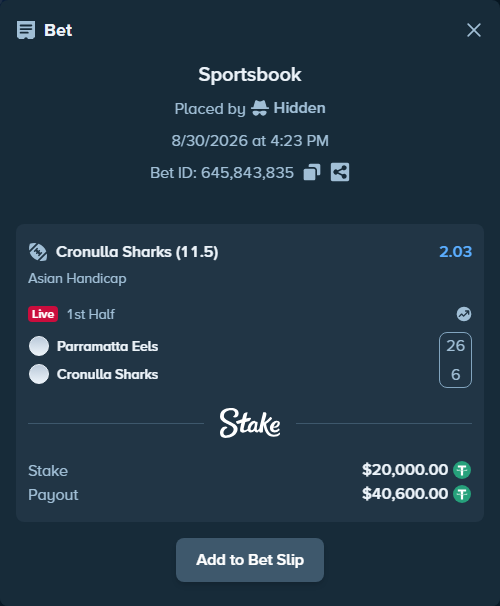 Bet slip: Parramatta Eels - Cronulla-Sutherland Sharks, $20,000.00 stake at 2.03 odds, placed by Hidden