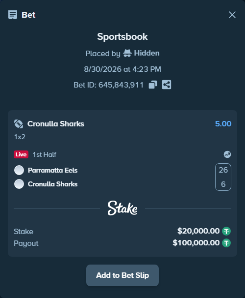 Bet slip: Parramatta Eels - Cronulla-Sutherland Sharks, $20,000.00 stake at 5.00 odds, placed by Hidden