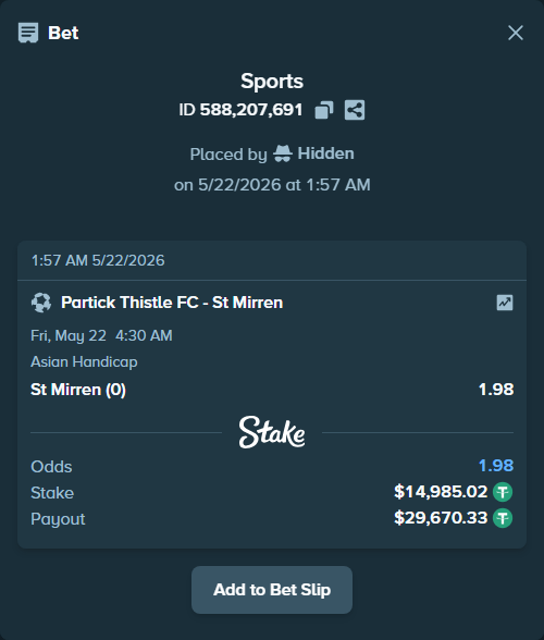 Bet slip: Partick Thistle FC - St Mirren, $15,000.00 stake at 1.98 odds, placed by Hidden