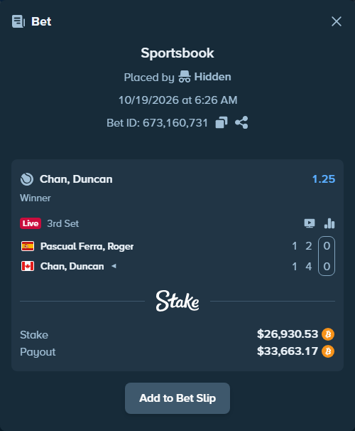 Bet slip: Pascual Ferra, Roger - Chan, Duncan, $27,513.84 stake at 1.25 odds, placed by Hidden