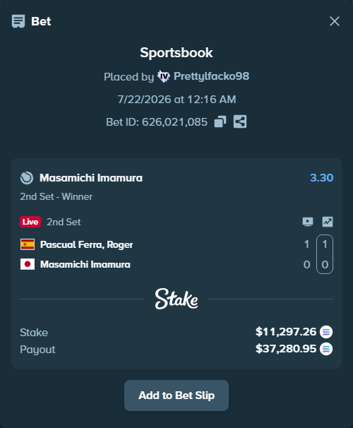 Bet slip: Pascual Ferra, Roger - Masamichi Imamura, $10,508.44 stake at 3.30 odds, placed by Prettylfacko98