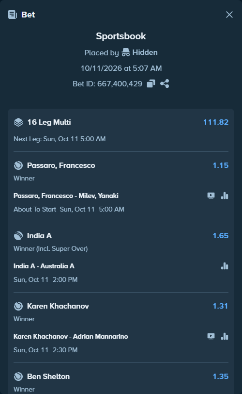 Bet slip: Passaro, Francesco - Milev, Yanaki, $12,625.00 stake at 1.15 odds, placed by Hidden