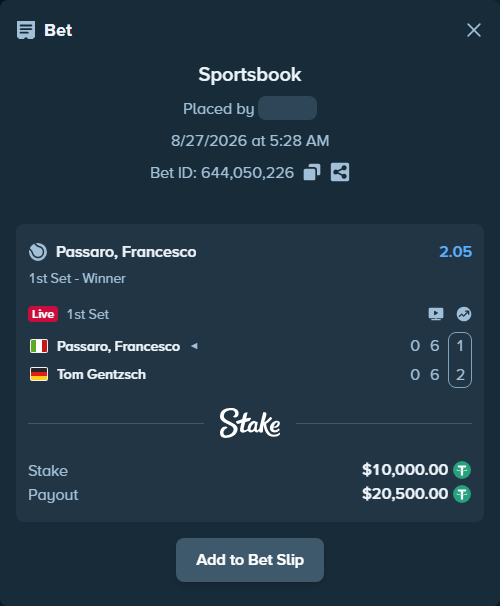 Bet slip: Passaro, Francesco - Tom Gentzsch, $10,000.00 stake at 2.05 odds, placed by WinTr10