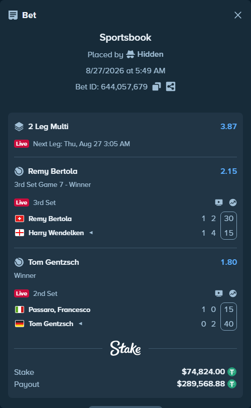 Bet slip: Passaro, Francesco - Tom Gentzsch, $74,824.00 stake at 1.80 odds, placed by Hidden