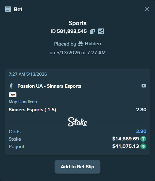 Bet slip: Passion UA - Sinners Esports, $14,669.69 stake at 2.80 odds, placed by Hidden
