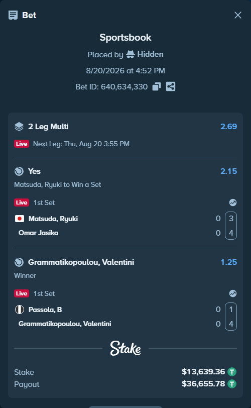 Bet slip: Passola, B - Grammatikopoulou, Valentini, $13,653.00 stake at 1.25 odds, placed by Hidden