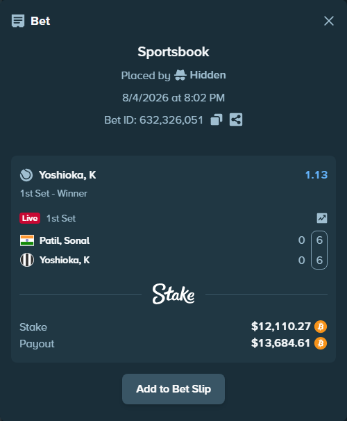 Bet slip: Patil, Sonal - Yoshioka, K, $12,284.53 stake at 1.13 odds, placed by Hidden