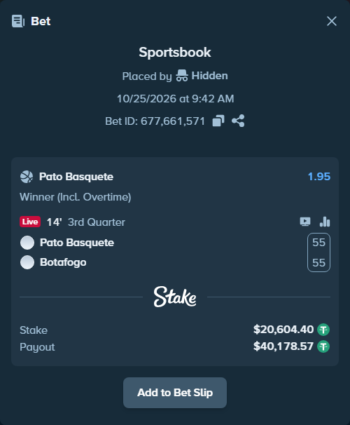 Bet slip: Pato Basquete - Botafogo, $20,625.00 stake at 1.95 odds, placed by Hidden