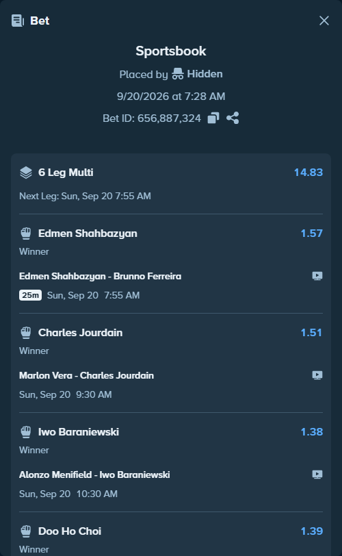 Bet slip: Patricio Pitbull - Doo Ho Choi, $100,000.00 stake at 1.39 odds, placed by Hidden