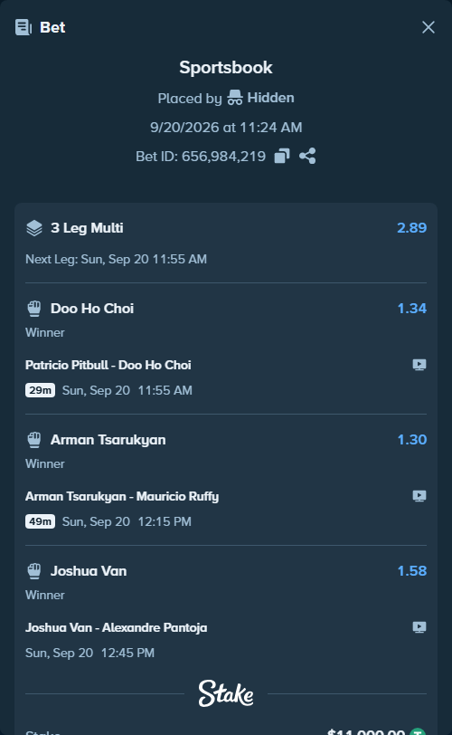 Bet slip: Patricio Pitbull - Doo Ho Choi, $11,000.00 stake at 1.34 odds, placed by Hidden