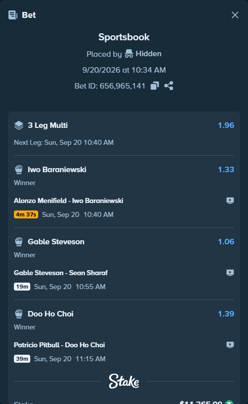 Bet slip: Patricio Pitbull - Doo Ho Choi, $11,365.00 stake at 1.39 odds, placed by Hidden