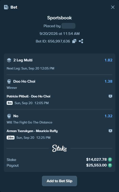 Bet slip: Patricio Pitbull - Doo Ho Choi, $14,027.78 stake at 1.38 odds, placed by Davidbushel1