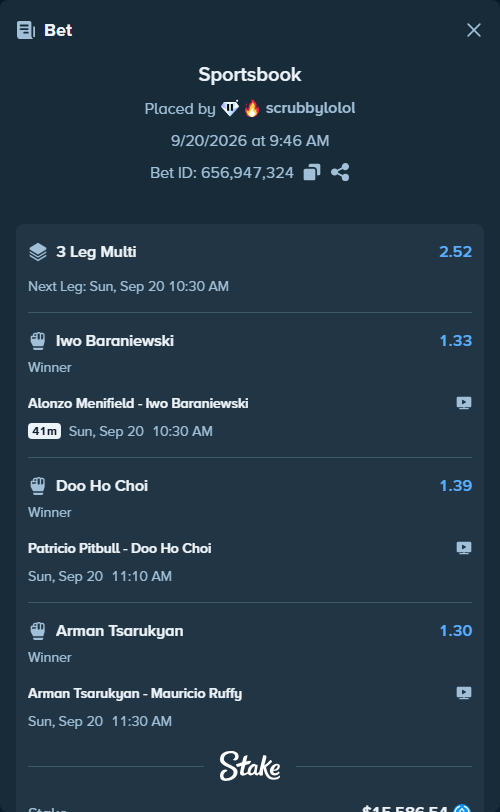 Bet slip: Patricio Pitbull - Doo Ho Choi, $15,586.54 stake at 1.39 odds, placed by scrubbylolol