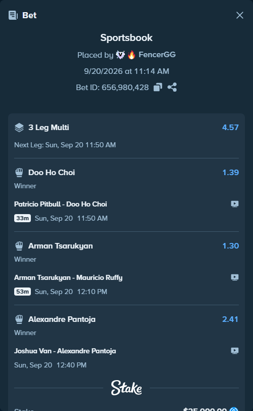 Bet slip: Patricio Pitbull - Doo Ho Choi, $25,000.00 stake at 1.39 odds, placed by FencerGG