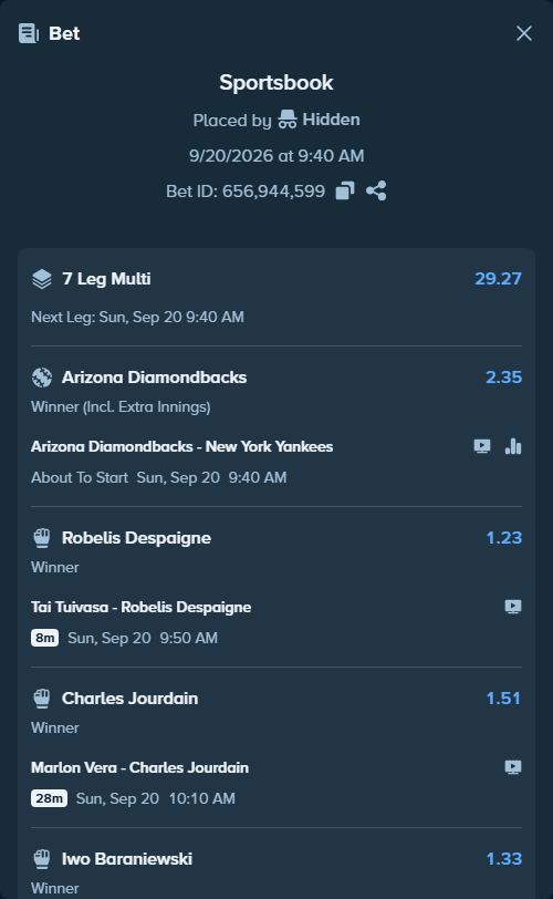Bet slip: Patricio Pitbull - Doo Ho Choi, $50,000.00 stake at 1.39 odds, placed by Hidden