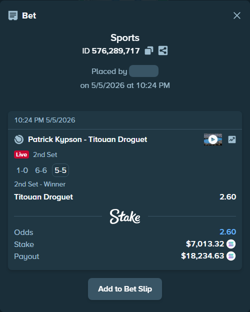 Bet slip: Patrick Kypson - Titouan Droguet, $6,058.53 stake at 2.60 odds, placed by Prettylfacko98