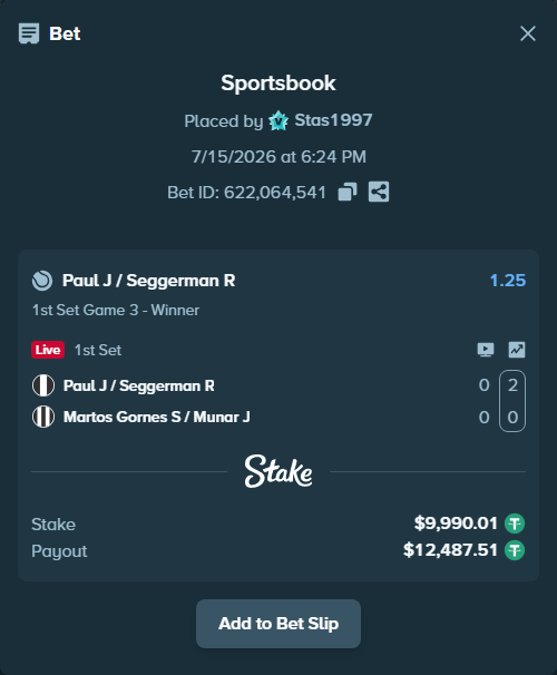 Bet slip: Paul J / Seggerman R - Martos Gornes S / Munar J, $10,000.00 stake at 1.25 odds, placed by Stas1997