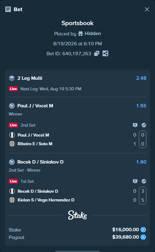 Bet slip: Paul J / Vocel M - Ribeiro E / Soto M, $16,000.00 stake at 1.55 odds, placed by Hidden